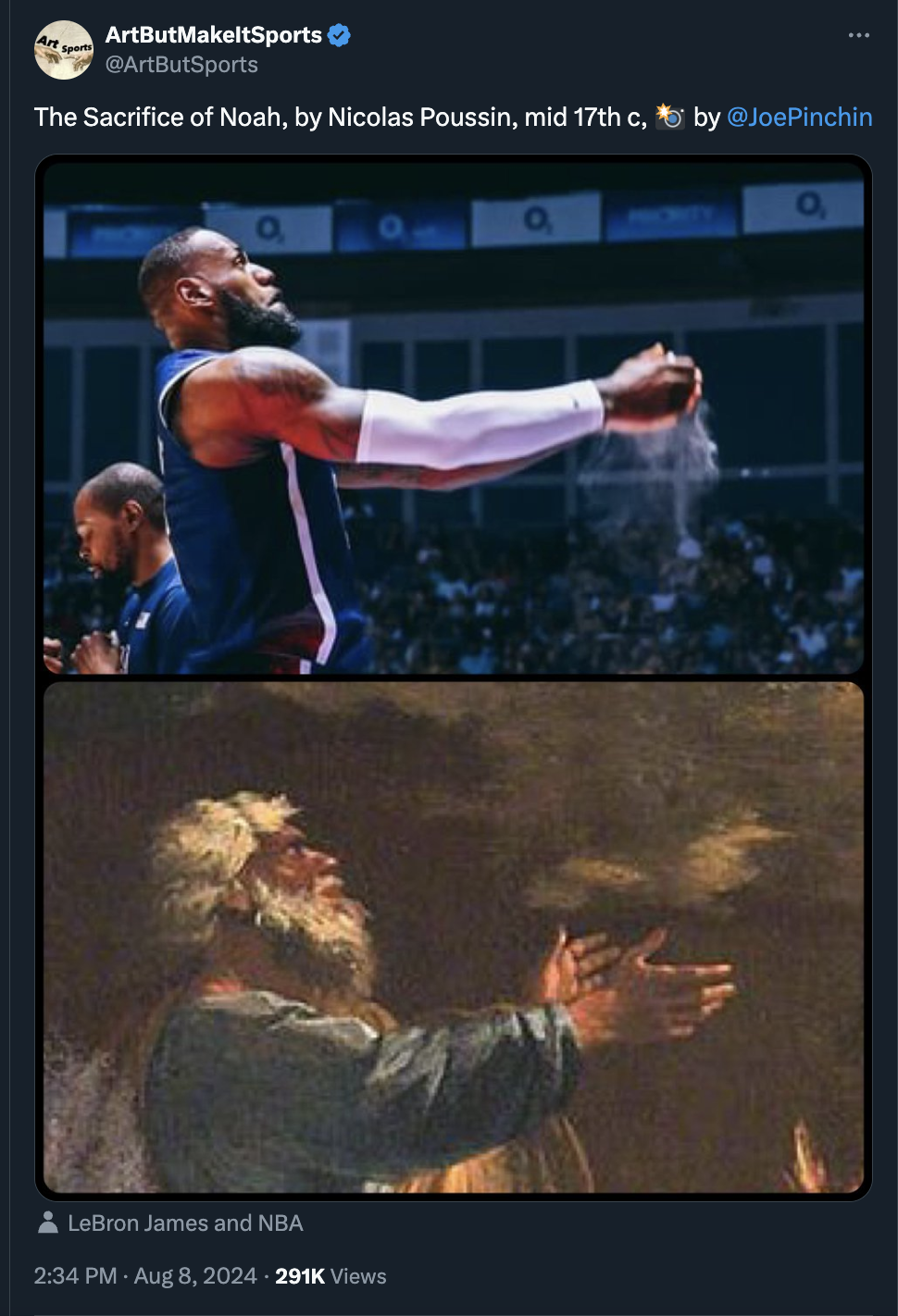 poster - ArtButMakeltSports The Sacrifice of Noah, by Nicolas Poussin, mid 17th c, by LeBron James and Nba Views